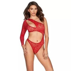 Frederick’s of Hollywood Red Kerry Asymmetrical Sheer Bodysuit